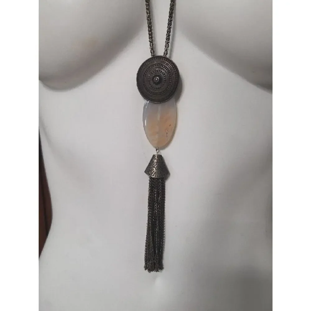 Long Beige Stone Pendant Tassel Necklace - Neutral Boho Style